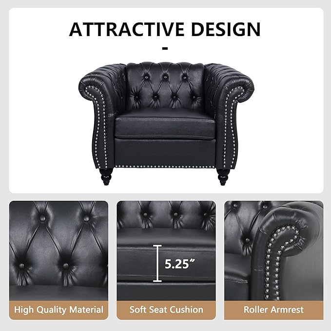 Chesterfield Accent Chair Leather Comfy Reading Club Chair Mid Century Modern Vanity Armrest 1 Seat Couch for Living Room Bedroom Office (PU Black)