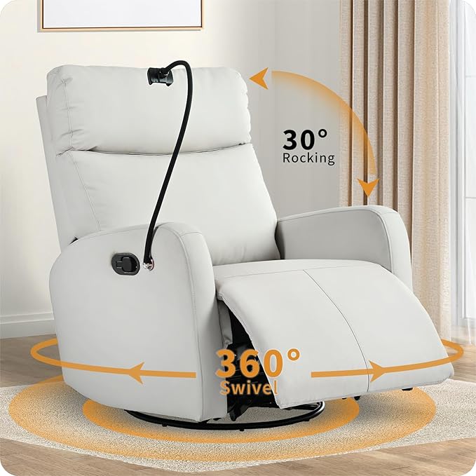 Swivel Rocker Recliner Chair for Nursery Upholstered 360° Leather-air Glider Rocking Chair with Phone Holder Manual Small Recliners for Small Spaces Living Room