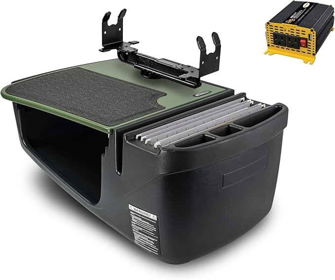 AutoExec GripMaster Car Desk for Your Vehicle Workstation and Mobile Office Army Green with Printer Stand and 400 watt Power Inverter