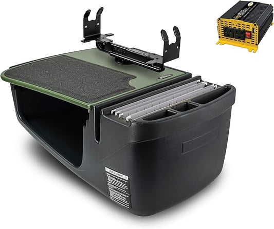 AutoExec GripMaster Car Desk for Your Vehicle Workstation and Mobile Office Army Green with Printer Stand and 400 watt Power Inverter