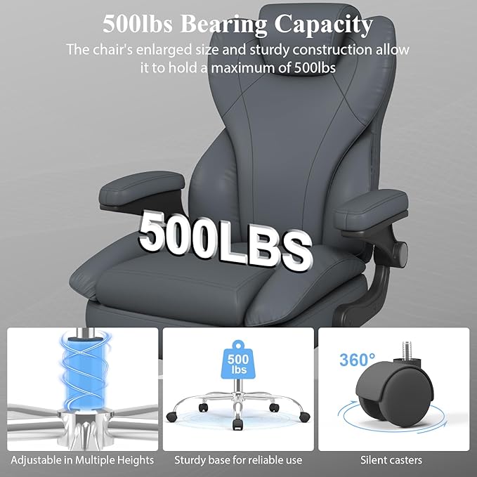 Office Desk Chair Executive Leather Office Chair High Back Ergonomic Home Desk Chair with Padded Flip-up Arms Big and Tall Computer Chair with Rocking Function 360°Swivel Free Gray