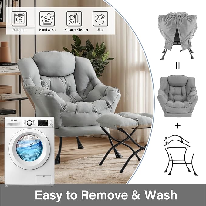 Lazy Chair with Ottoman Large Light Grey Accent Chair with Ottoman Comfy Reading Armchair Leisure Sofa Chair for Living Room Bedroom Dorm Room Office