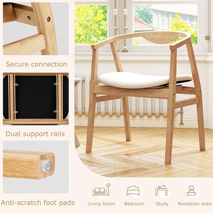 GOFLAME Bamboo Accent Chair Set of 2 Mid-Century Modern Armchair with Padded Seat Curved Backrest and Wrap-Around Armrest Upholstered Reading Chair Leisure Chair for Living Room Bedroom