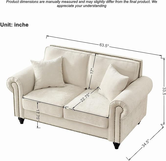 Loveseat Velvet Fabric Two- Seater Couch Buckle Design and Rivet Decoration Deep Seated Double Sofa Suitable for Living Room Bedroom Apartment Hotel etc (beige-07)
