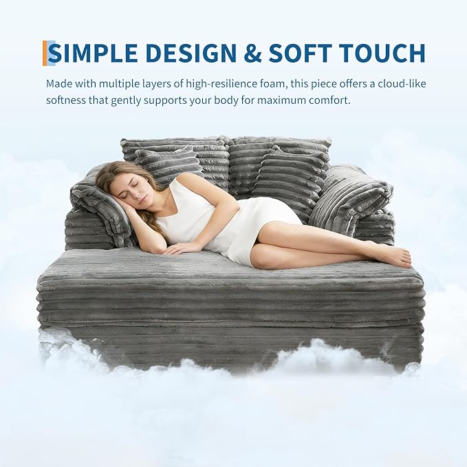 Oversized Chaise Lounge Chair Indoor Upholstered Sofa Bed with Throw Pillows and Armrests Comfy Corduroy Sleeper Couch with Cup Holders and Charging Port for Living Room Bedroom 60 Inch Wide Grey