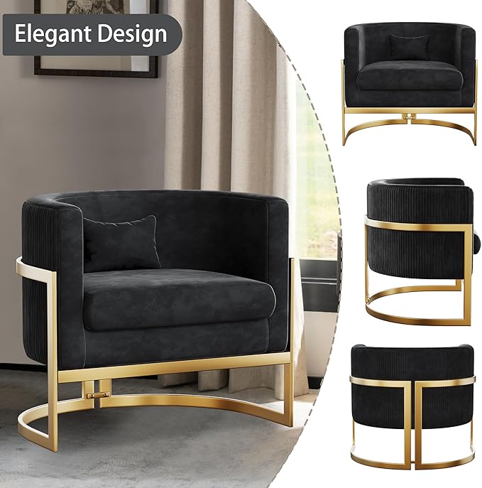 Alunaune Upholstered Velvet Accent Chair Barrel Chair Modern Armchair Living Room Lounge Chairs Sofa Tub Bucket Club Chairs for Bedroom-Black