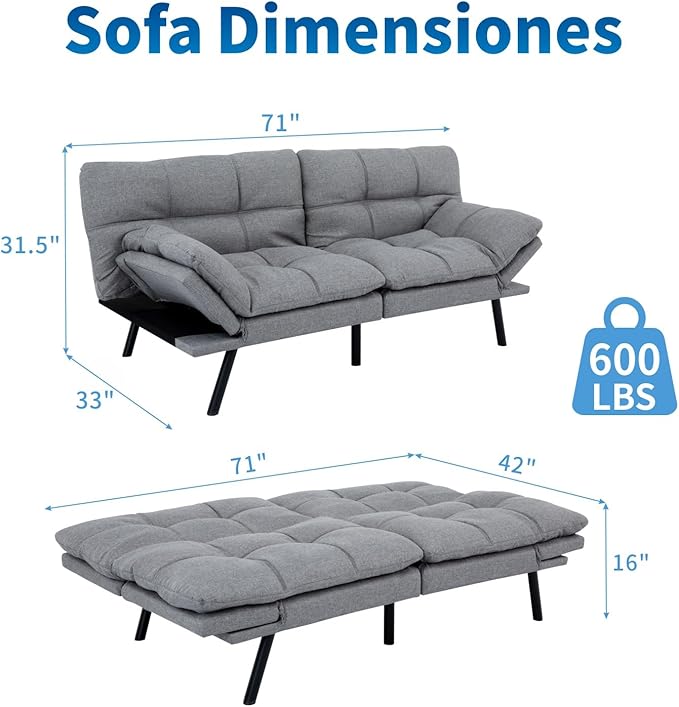 MUUEGM Futon Sofa Bed 71 Convertible Linen Memory Foam Couch Bed Modern Backrests Armrests Love Seat for Living RoomApartmentOfficeLight Grey Sleeper Couch