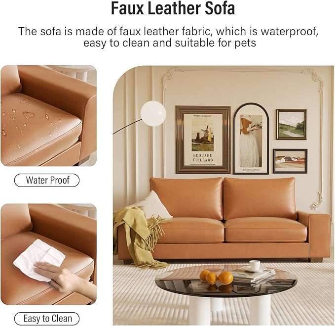 Faux Leather Couch Mid Century Modern Comfy Loveseat Sofa with Wide Arm Side Pockets Solid Wooden Frame for Office Living Room and Bedroom 2 Seater (Brown 71.25 Inches)