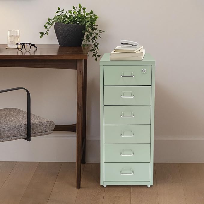 6 Drawers Mobile File Cabinet Rolling Vertical Filing Cabinet Under Desk Storage Organization 16 D x 11 W x 27 H (Green)