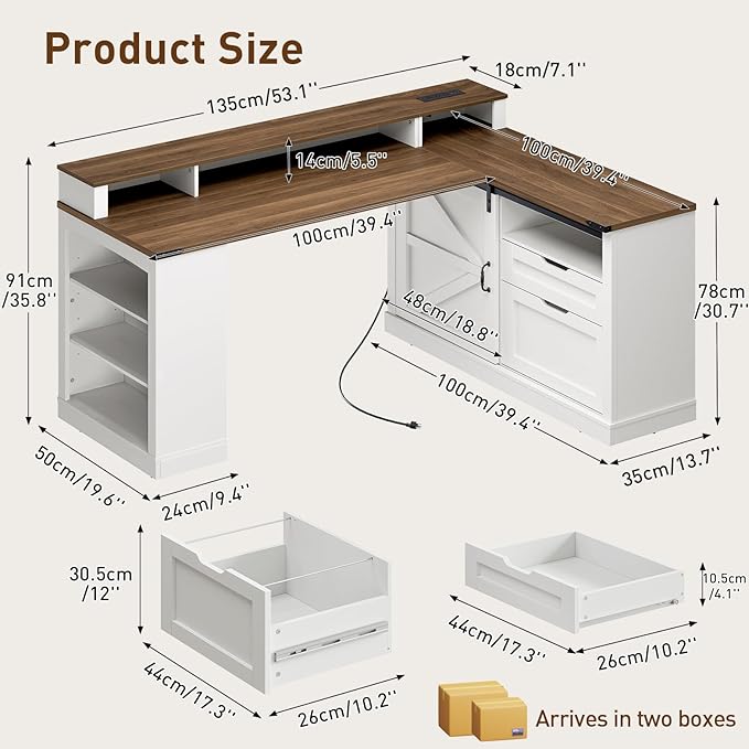 Farmhouse L Shaped Desk with Drawers 53 Inch Executive Desk with File Cabinet and Monitor Stand Wooden Corner Computer Desk with Power Strip for Home Office Work and Study White and Walnut