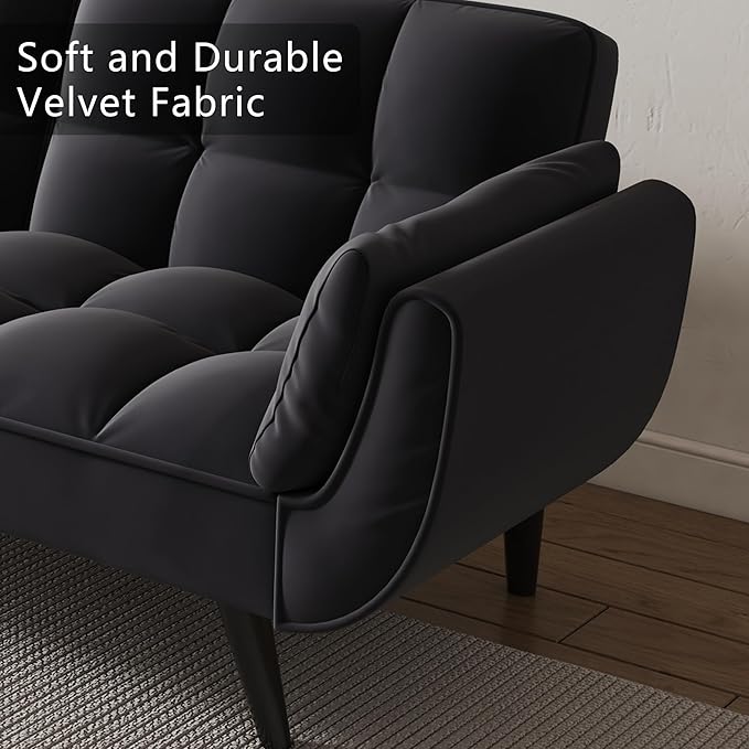 Olela Futon Sofa Bed Convertible Sleeper Couch 74 W Modern Velvet Loveseat with Adjustable Backrests and Solid Wood Legs for Living Room Bedroom Small Space (Black)