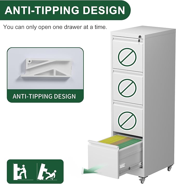 4 Drawer Small File Cabinet with LockUnder Desk Locking Drawers Storage Cabinet Organizer for HomeOffice Filing Cabinets17.71 D*15.16 W*52.28 HWhite