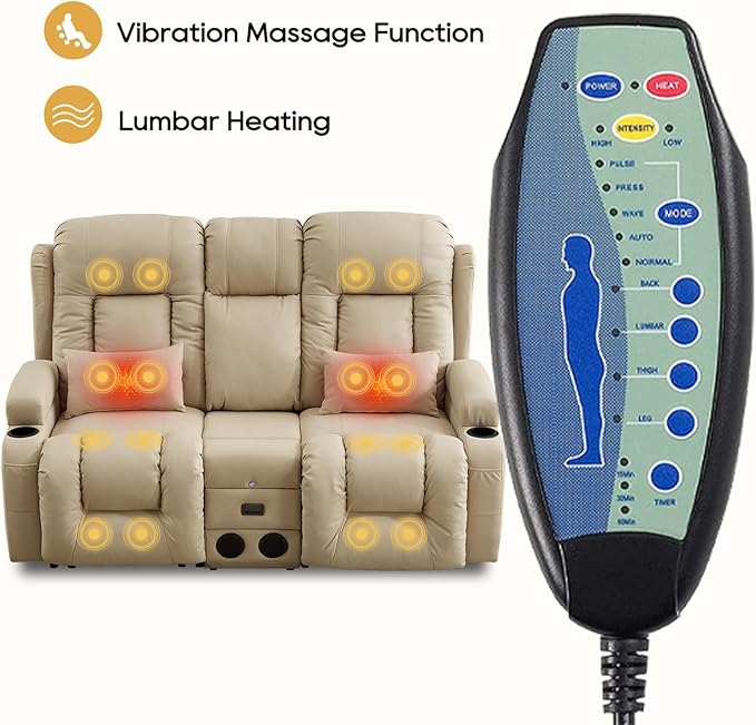 IPKIG Power Loveseat Recliner Sofa with Flip-Up Backrest Console Bluetooth Speakers Drawer AC Outlet LED Light Wall Hugger Recliners for Living Room RV Home Theater (Beige Loveseat)