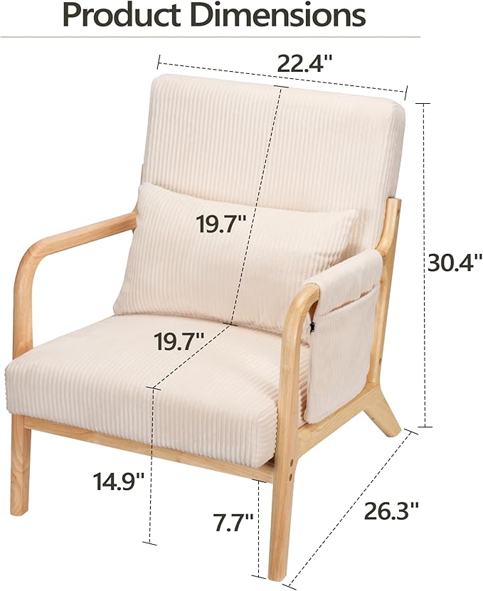 Accent Chair Mid Century Modern Chair with Side Storage Pocket Upholstered Living Room Chairs Armchair Lumbar Cushion &amp Solid Wood Frame for Bedroom Easy Assembly Beige
