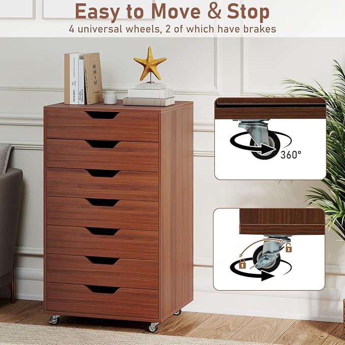 7 Drawer File Cabinet 34.5 Vertical Storage Drawer Cart Under Desk Office Organizer Wooden Printer Stand Rolling Filing Cabinet for Home Office (Walnut)