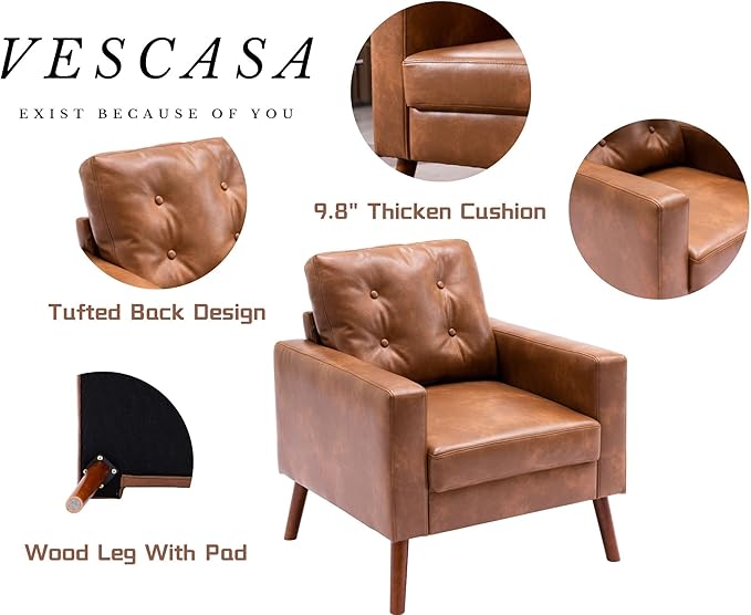 VESCASA Tufted Accent Arm Chairs with Wood Legs Faux PU Leather Comfy Upholstered Single Sofa Mid Century Modern Side Club Leisure Chairs for Reading/Living Room/Bedroom Set of 2 Caramel