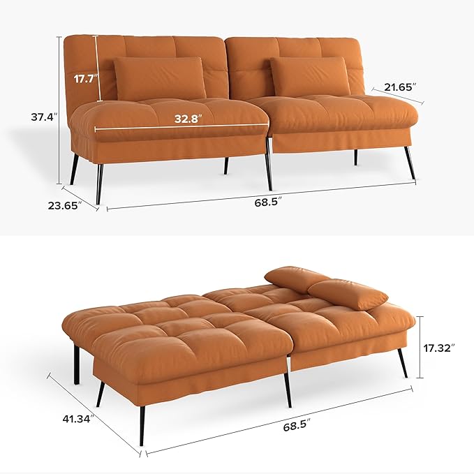 COMHOMA Convertible Sofa Bed68″Fabric Couch with Adjustable BackrestLoveseat Recliner Sleeper Living Room Furniture futon SetOrange
