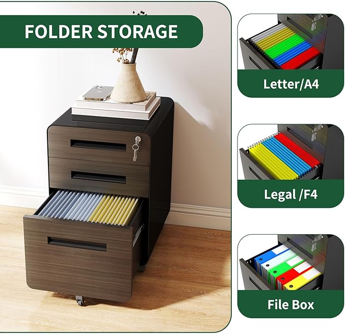 3 Drawer Mobile File Cabinet with LockUnder Desk Metal Filing Cabinets for Home Office Organizer Letters/Legal/A4 Fully Assembled (Black)