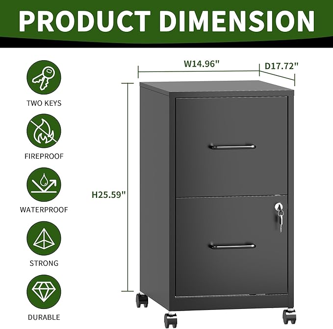 2 Drawer Mobile File Cabinet Metal Under Desk Filing Cabinet with Lock and Wheels Home Office Rolling File Cabinet for Legal/Letter Hanging File Folders Un-Assembled Black