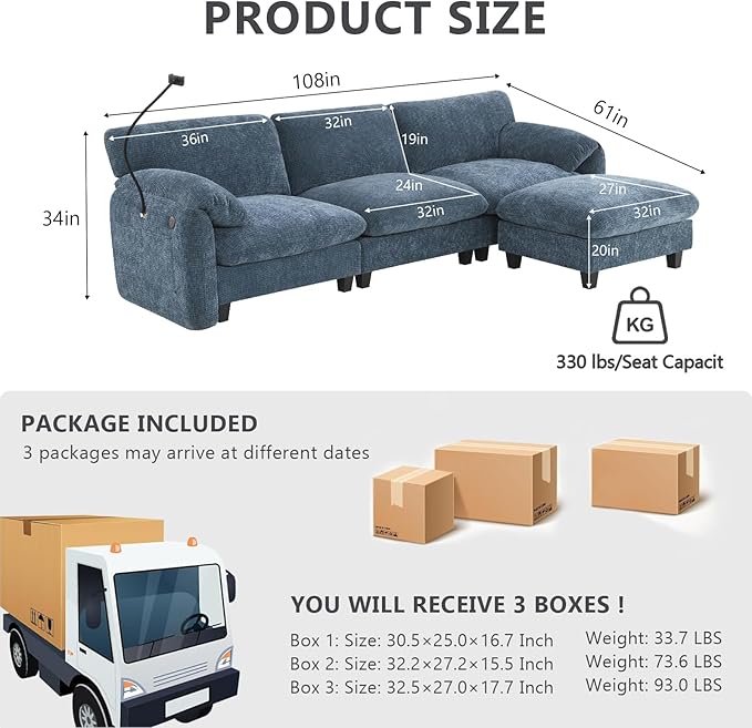 108 Side Storage Office Sofa L-Shaped Modular Sectional Sofa with Phone Holder &amp USB Blue Gray Chenille Fabric 4-Seat Business Couch with Movable Ottoman for Office Reception Commercial