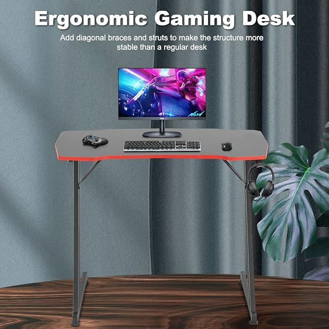 BestOffice Gmaing Desk 35.4in PC Computer Desk Z Shaped Gaming Workstation Ergonomic Gaming Table with Headphone Hook for Home Office Red
