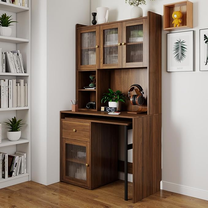 KEIKI L Shaped Home Office Desks with 90° Rotating Retractable Desktop Glass Door Hutch Drawers Bookshelf &amp Storage Shelves Modern Gaming Computer Corner Table for Work Study Writing Walnu