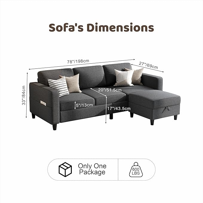 Sectional Sofas Couches for Living Room 78 L-Shaped Small Couch - Modern Linen Dark Grey Sofa with Storage Ottoman for Apartments Studios Home Offices Small Space