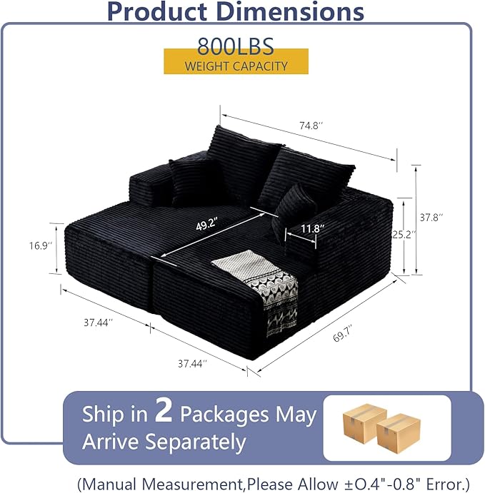 75Oversized Chaise Lounge ChairSectional Double Lounge Chaise with Pillows Upholstered Corduroy Boneless Lounge Chair Fluffy Modern Loveseat Sleeper Sofa for Living Room or Bedroom(Camel)