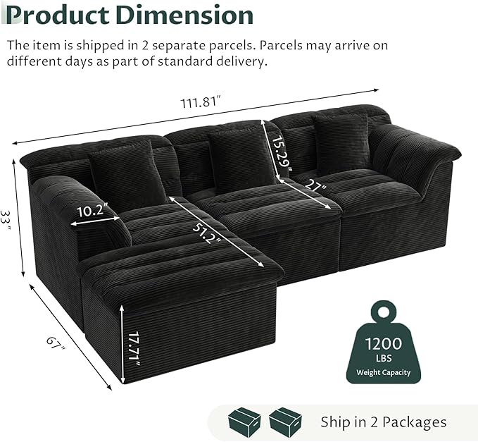 112 Modular Cloud Sectional Couch with Ottoman Modern Upholstered Compressed Sofa with Deep Seat Comfy L-Shape Corduroy Couches for Living Room No Assembly Required Black