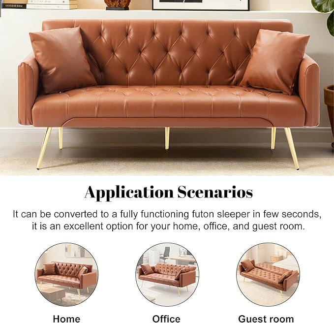 Anwick 72 Modern PU Leather Sofa Bed FutonConvertible Folding Sleeper Bed Couches with 3 Adjustable BackrestsTufted Recliner Loveseat with Golden Chrome Legs for Small Living Room Office (Brown)