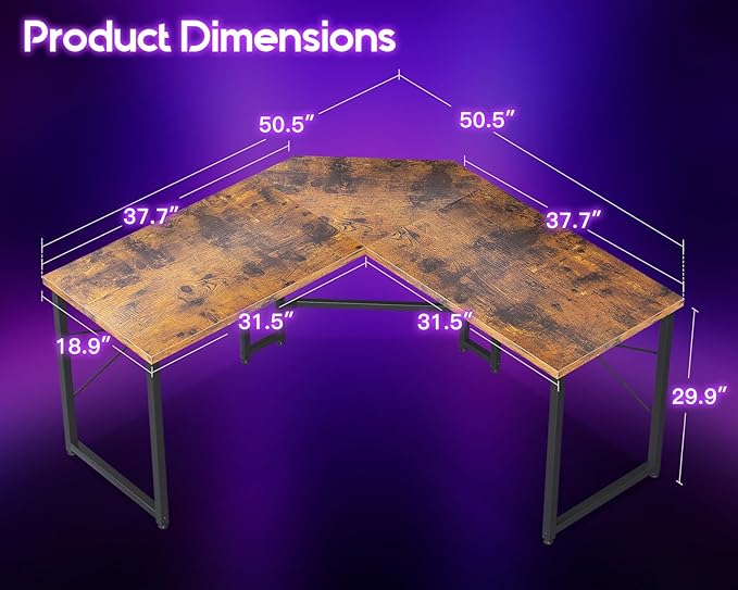 Casaottima 51 Inch L Shaped Gaming Desk Corner Table Sturdy Workstation for Home Office Writing Gaming Computer Desk for Small Space Easy Assembly Rustic Brown