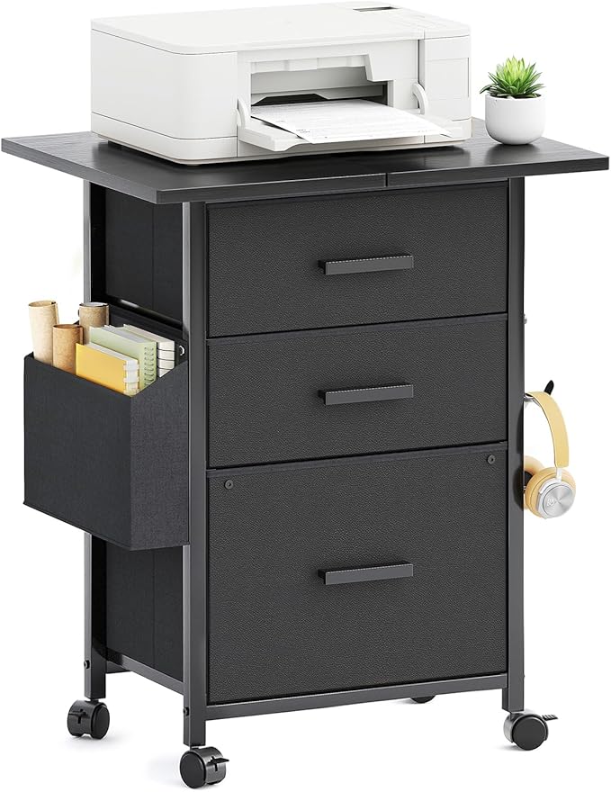 Mexin 3 Drawer File Cabinet with 24'' Extended Desktop Mobile Filing Cabinet Printer Stand Rolling Printer Stand with Side Bag Fabric Drawer Fits A4 Size Home Office Black