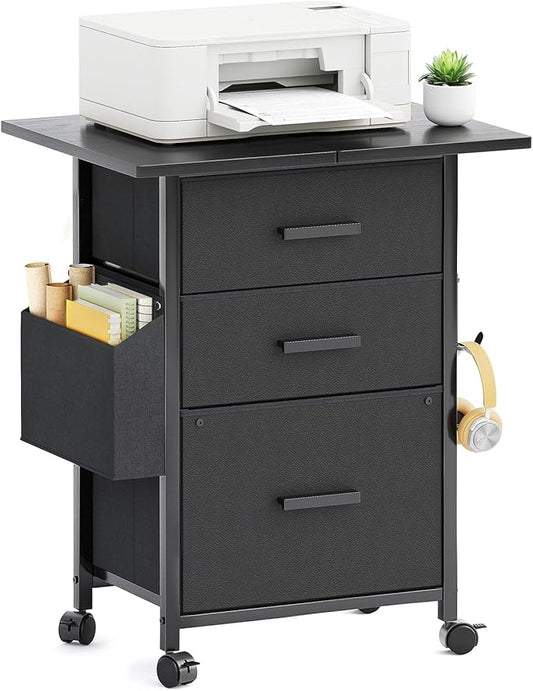 Mexin 3 Drawer File Cabinet with 24'' Extended Desktop Mobile Filing Cabinet Printer Stand Rolling Printer Stand with Side Bag Fabric Drawer Fits A4 Size Home Office Black