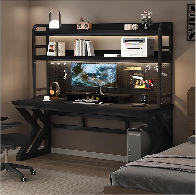 Gaming Desk with Pegboard and Storage Shelves Computer Desk with Home Office Design Modern Office Desk with Spacious Computer Workspace for Home Office and Gaming Setup (White 39.4 in)