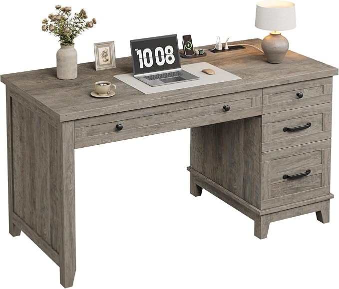 IDEALHOUSE Rustic Wood Double Desk with Built-in Charging Station &amp 4 File Drawers Spacious 2-Person Writing Table for Home Office Heavy-Duty Dual Workstation for Study &amp Work Gray