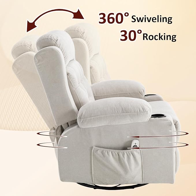 Rocker Swivel Recliner Chair with Massage and Heat Rocking Nursery Recliners Overstuffed Lounge Chair for Living Room Manual Recliner Mid Century Sofa Chairs with Cup Holders White