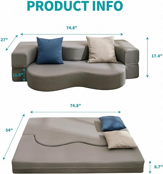 Mjkone Full Size Folding Sofa Bed Fold Out Futon Sofa Bed Foldable Floor Couch Bed with Memory Foam Convertible Sleeper Couch Beds Stylish Lazy Sofa Beds for Living Room Guest Room Light Gray