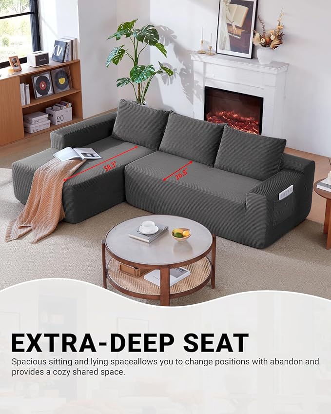 96 Inch Cloud Sectional CouchModern Modular Sectional Sofa with Deep SeatCorduroy Boneless Couches with L-Shape Chaise for Living Room BedroomNo Assembly Required (Grey Left Facing Chaise)