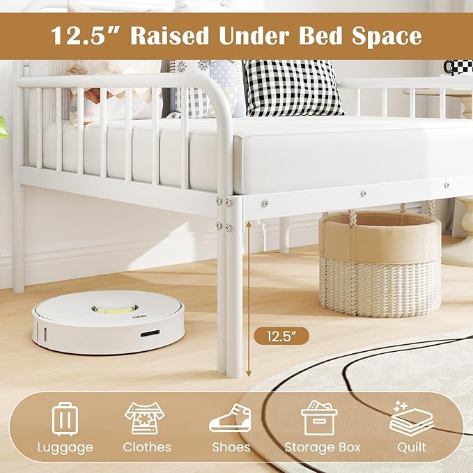 Giantex Metal Twin Bed Frame Convertible Sofa Bed with Headboard &amp Armrests Pull-Out Sleeper Chair Bed for Small Spaces Dorm Guest Apartment Suitable for Folding Sofa Mattress White