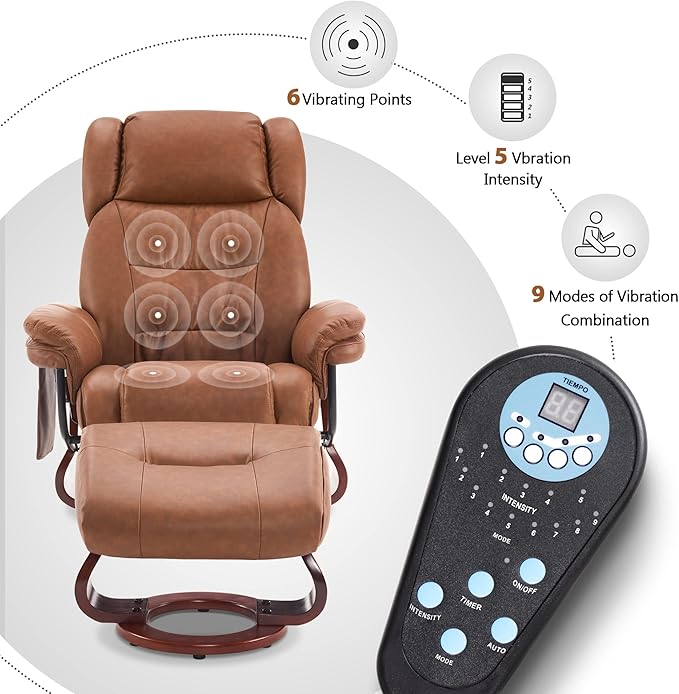 MCombo Swivel Recliner with Ottoman Faux Leather TV Chair with Vibration Massage Ideal for Small Space Living Room &amp Bedroom 4734 (Saddle)