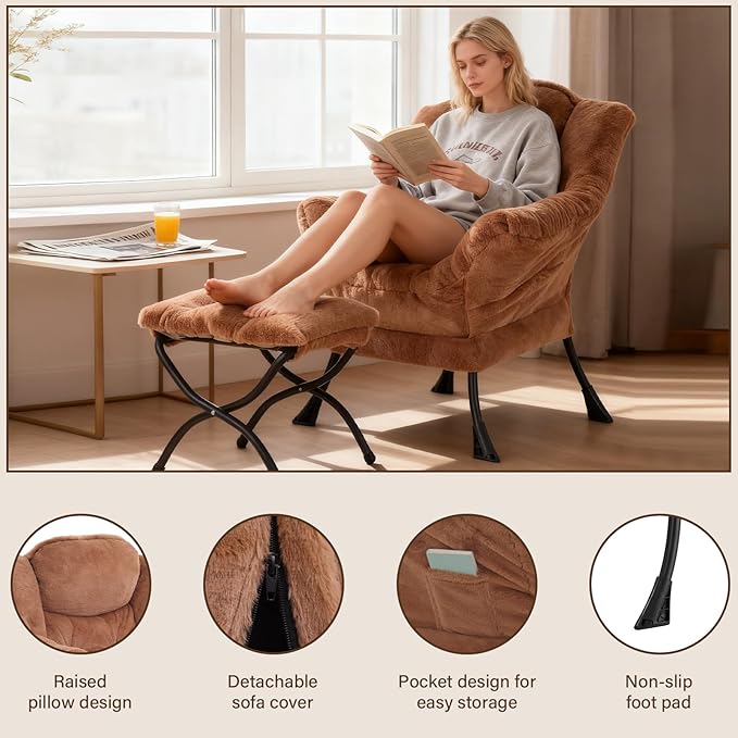 Welnow Lazy Chair with Ottoman Modern Accent Chair with Armrests and a Side Pocket Leisure Sofa Armchair Reading Armchair with Footrest for Small Space Plush Brown