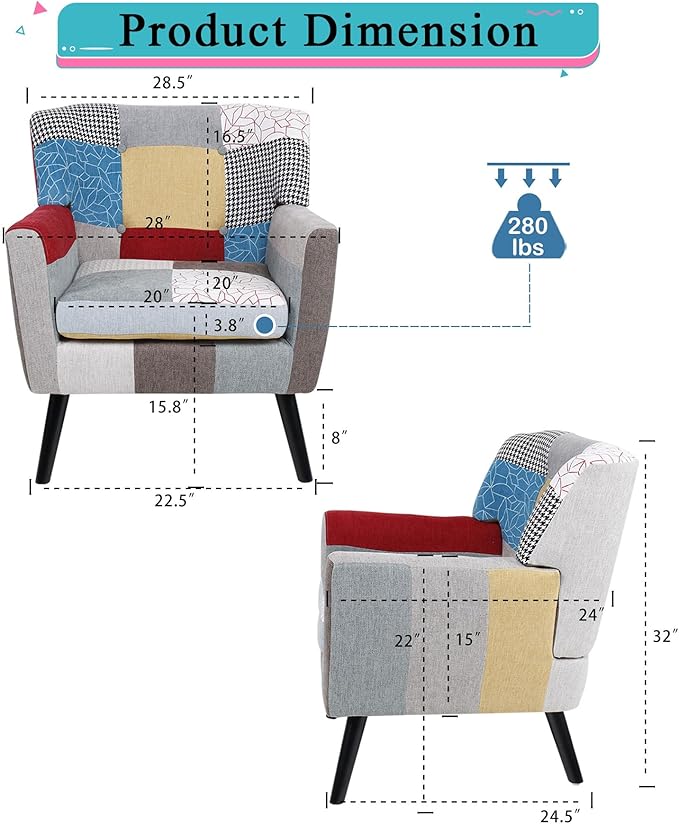 Colorful Accent Chair &amp Boho Accent Chair Comfy Arm Chair with Wide Back for Bedroom Living Room Linen Fabric Patchwork Wood Legs