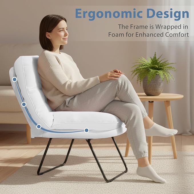 DUMOS Comfy Saucer ChairPU Leather Foldable Chairs for Bedroom Dorm &amp Gaming Fashion Floor Chair with Back Support for Small Spaces New White