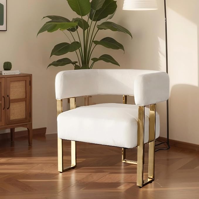 Cream Velvet Barrel Chair Gold Leg Accent Chair for Bedroom Upholstered Accent Seat for Living Room Bedroom Dressing Vanity Area