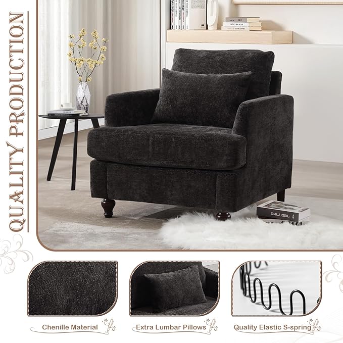 KINFFICT Modern Accent Chair for Living Room Upholstered Single Sofa Chair with Lumbar Pillow Comfy Armchair with Thickened Cushion Living Room Chairs for Bedroom Office Black Chenille