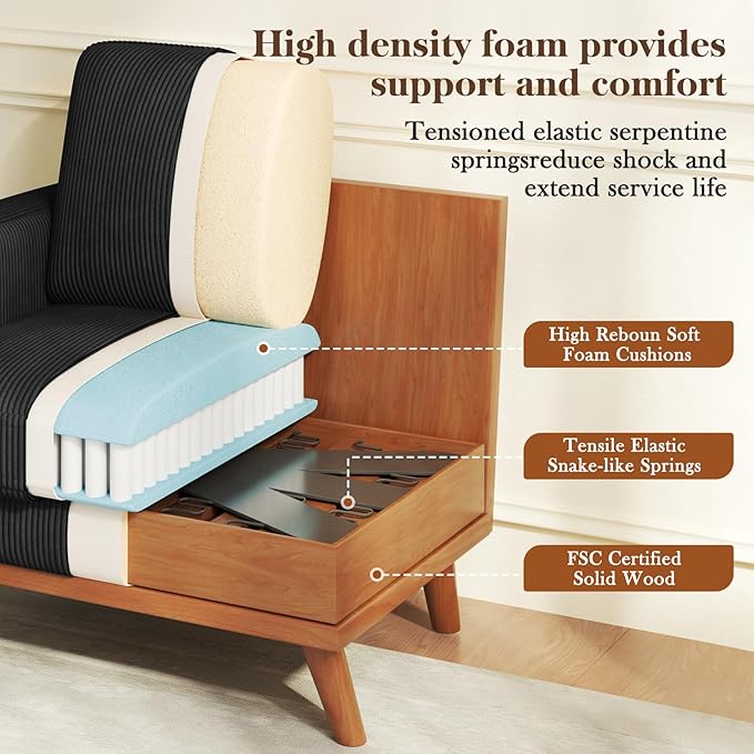 38.5 Black Corduroy Accent Chair Comfy Deep Seat Armchair with Spring Cushion Modern Reading Sofa for Living Room Bedroom