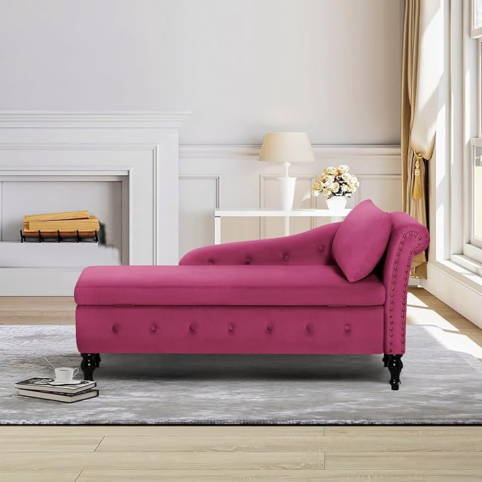 Upholstered Chaise Lounge with Right Armrest &amp Lumbar PillowButton Tufted Lounge Sofa with StorageLounge Chair IndoorModern Velvet Lounge Chair for Bedroom Living Room and OfficeFuchsia