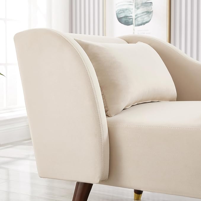 58 Modern Velvet Sofa Chaise with Tilted Backrest Comfortable Luxurious Lounge Chair with Curved Armrests Stylish Sofa Couch with Solid Wood Legs for Study Room Apartment Bedroom Living Room Beige
