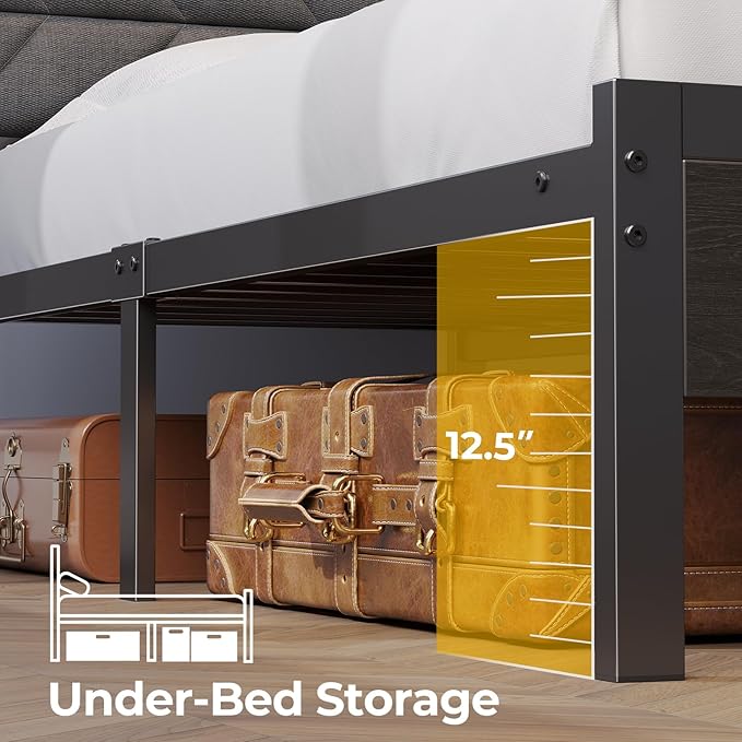 Seventable Bed Frame Twin Size with Charging Station LED Bed with Upholstered Storage Headboard Metal Platform Bed with Under Bed Storage No Box Spring Needed Noise Free Easy Assembly Grey