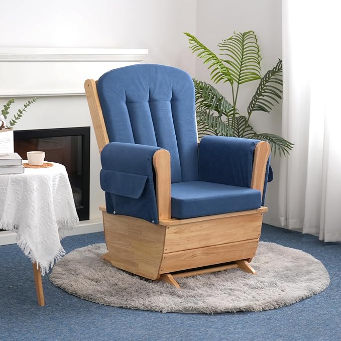 Modern Glider Rocker with Padded Cushion Solid Wood Glider Gentle Rocking Chair Soft Skin-Friendly Three Proof Fabric Water Oil ResistantSmooth Rocking Motion Indoor Living Room Blue